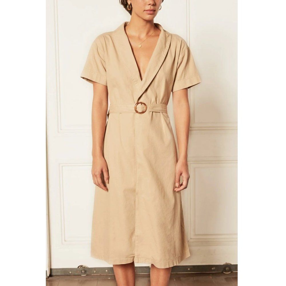 Boyish The Ezra Belted Midi Wrap Dress Short Sleeve Cotton Tan Size XS